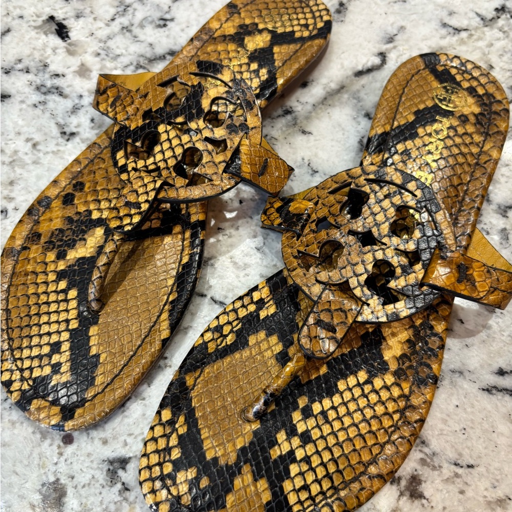 Tory Burch Snake Print Sandals - Black and Gold
